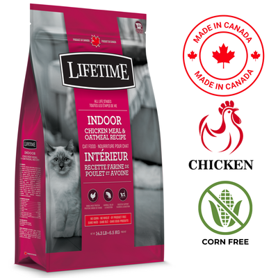 Lifetime indoor cat food chicken oatmeal dry cat food bag with chicken and corn free labels