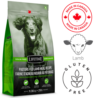 Lifetime pastured fed lamb dog food grain free dry dog food with gluten free and made in Canada labels