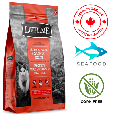 Lifetime salmon oatmeal cat food dry food bag with salmon meal and oatmeal recipe made in Canada