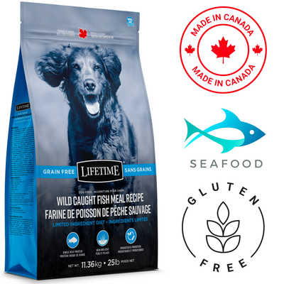Lifetime wild caught fish dog food grain free dry food with gluten free and made in Canada labels