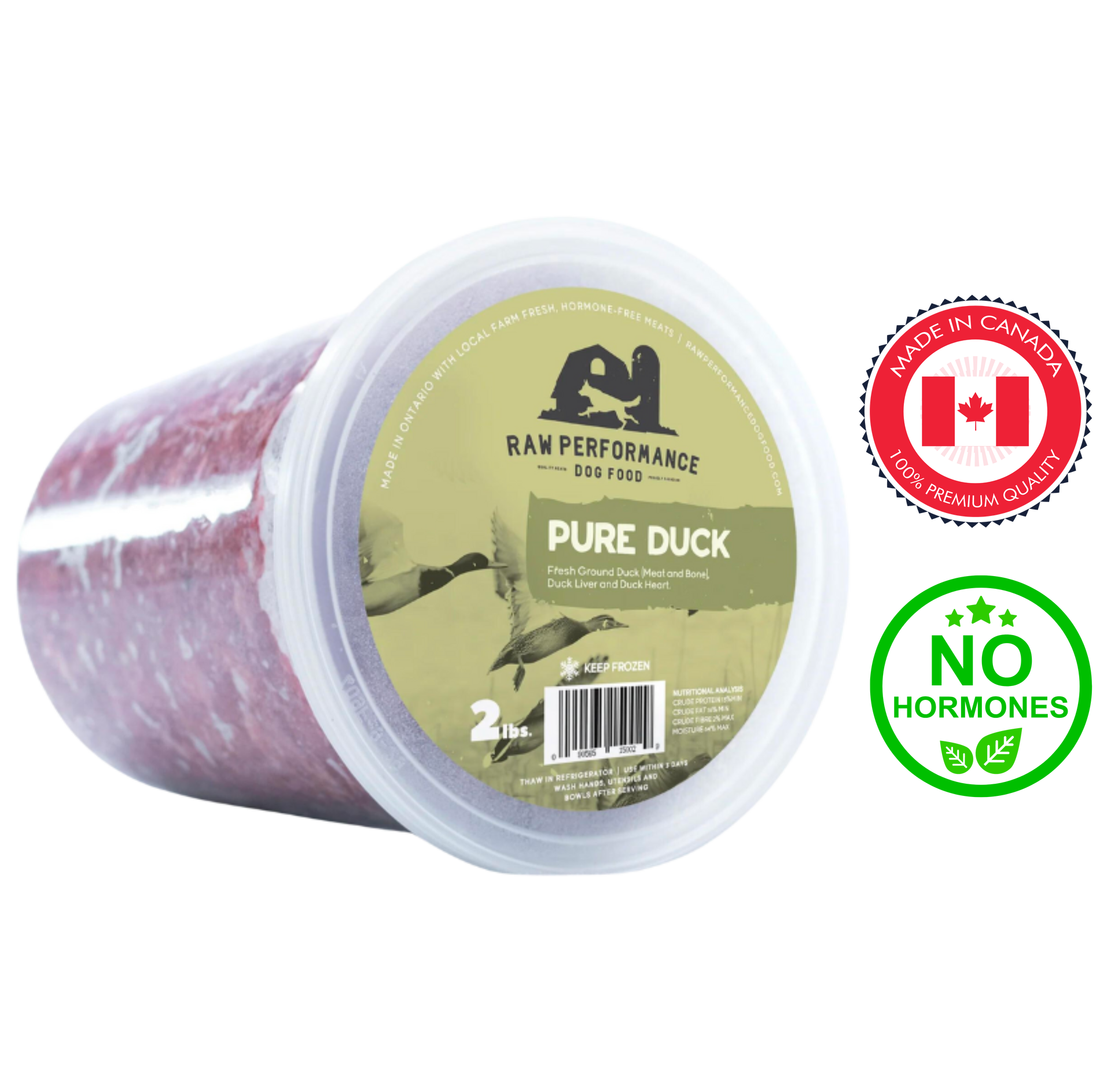 Premium Pure Duck Raw Dog Food by Raw Performance, available in multiple sizes for pet stores.