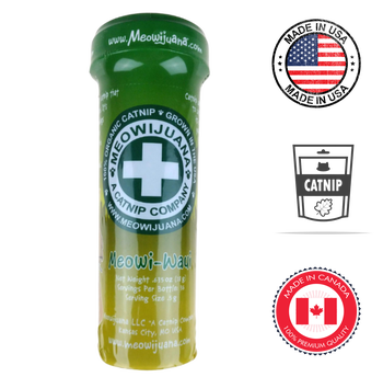Meowijuana catnip for cats in a green and yellow tube package with organic branding
