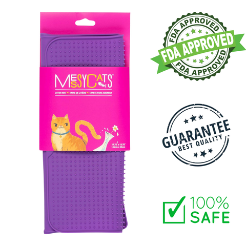 Messy Mutts messy cats purple silicone cat litter mat with FDA approved and safe guarantee icons
