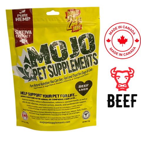 MOJO Pet Supplements Hemp Beef Liver Dog Treats in a yellow packaging, made in Canada for healthy pets