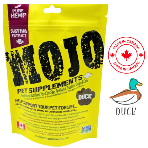 MOJO Pet Supplements mojo hemp duck flavored dog treats yellow pouch with pure hemp sativa extract