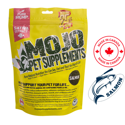 MOJO Pet Supplements hemp salmon pet treats pouch with natural nutrition for dogs and cats