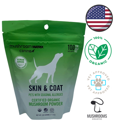 Canine Matrix skin and coat health certified organic mushroom powder for dogs with seasonal allergies