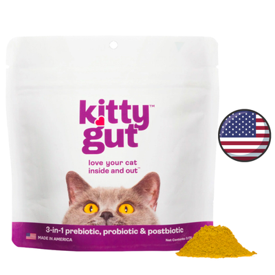 MuttGutt kitty digestive support powder in a pouch with a picture of a cat and yellow powder for digestive health