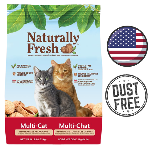 Naturally Fresh multi cat walnut shell litter bag with two cats and dust free badge best cat litter for multi-cat households