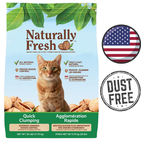 Naturally Fresh walnut shell odor control cat litter bag showing orange tabby cat quick clumping dust free