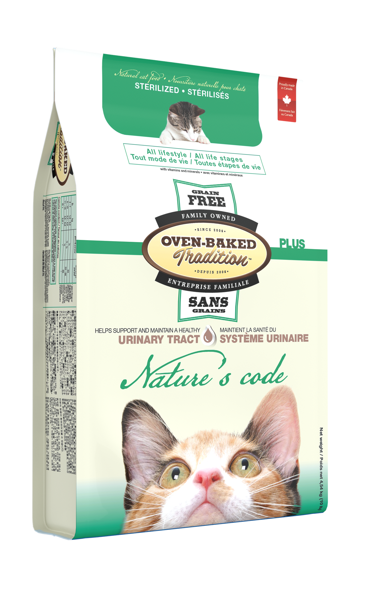 Oven Baked Tradition oven baked urinary tract cat food in a grain free white and green bag with cat image
