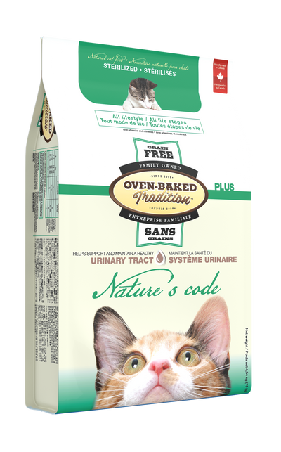Oven Baked Tradition oven baked urinary tract cat food in a grain free white and green bag with cat image