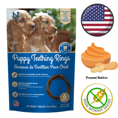 NPIC Peanut Butter Dog Treats in a resealable bag with puppy teething rings and peanut butter flavor