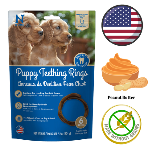 NPIC Peanut Butter Dog Treats in a resealable bag with puppy teething rings and peanut butter flavor