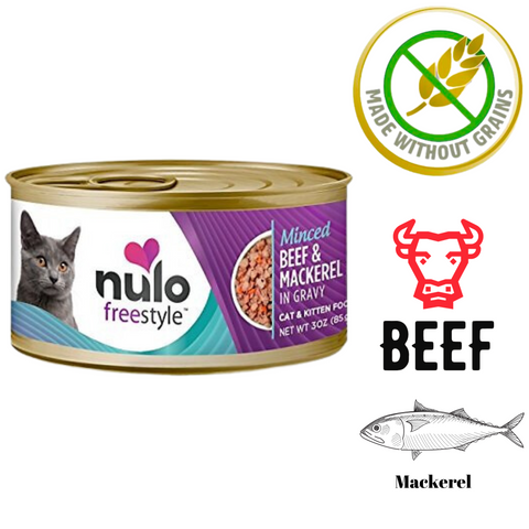Nulo freestyle beef and mackerel canned cat food minced in gravy made without grains