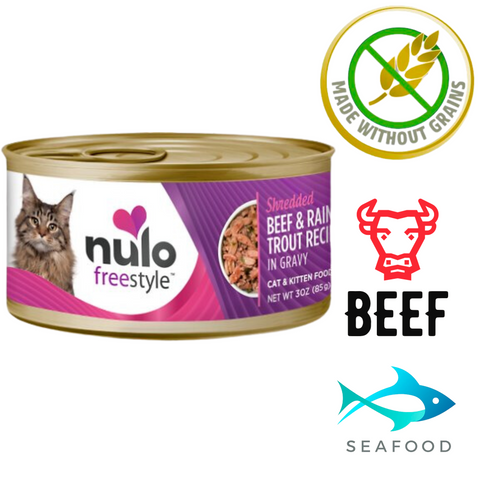 Nulo Freestyle beef trout cat food canned wet food shredded beef and rainbow trout recipe in gravy