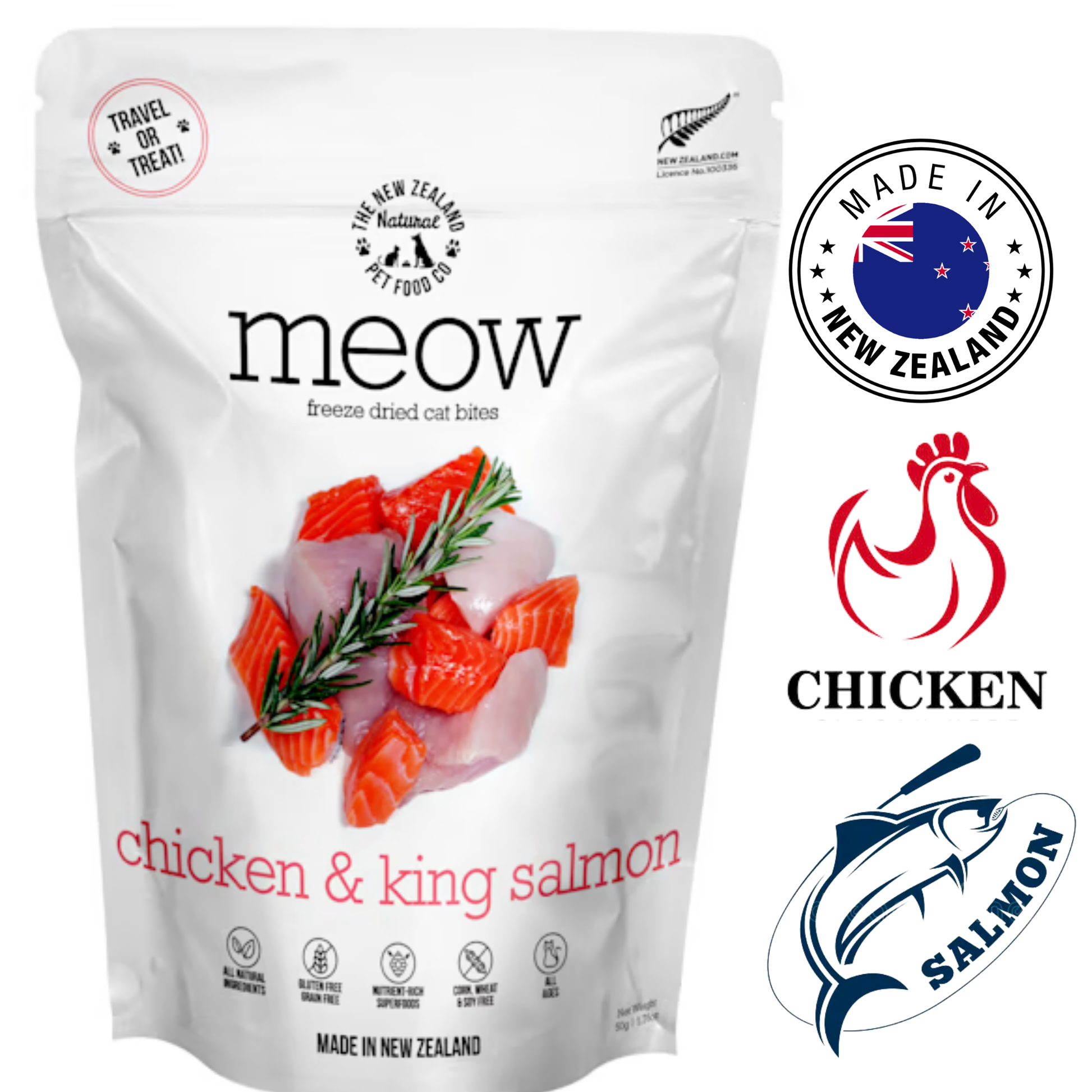NZPF Meow chicken and salmon cat treats in a resealable bag featuring freeze-dried salmon and chicken