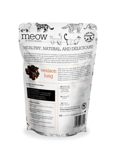 The New Zealand Pet Food Co venison lung cat treats pack labeled nzpf venison lung cat treats
