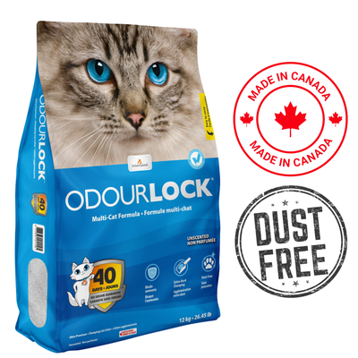 OdourLock Unscented Clumping Cat Litter in a 12kg bag, designed for multiple cats and is dust free
