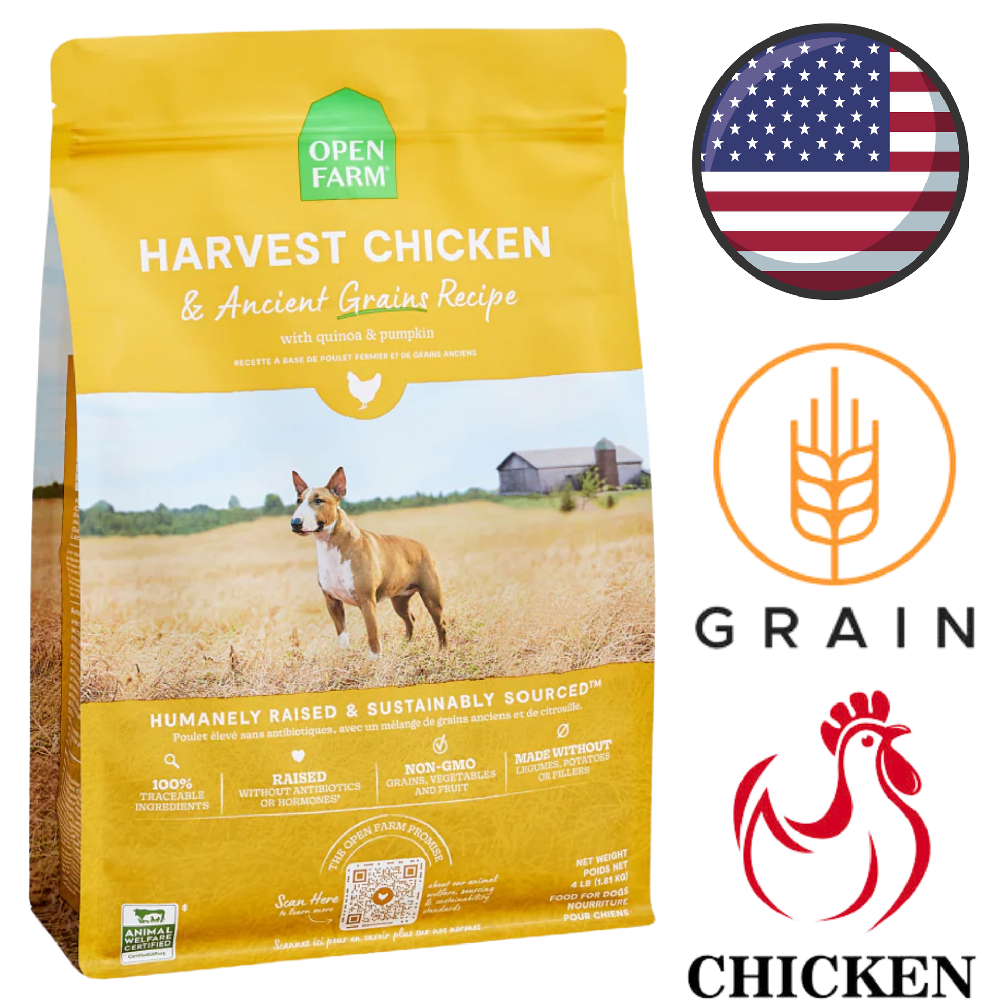 Open Farm chicken ancient grain dog food bag with a dog on a field and sustainable sourcing icons