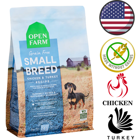 Open Farm chicken turkey small breed dog food bag with grain free recipe and farm background
