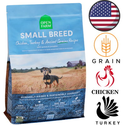 Open Farm chicken turkey small breed dry dog food bag with natural ingredients and sustainable sourcing