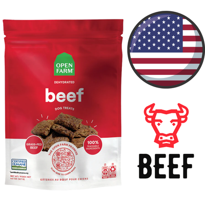Open Farm dehydrated beef dog treats in red packaging with grass-fed beef and 100 percent traceable ingredients