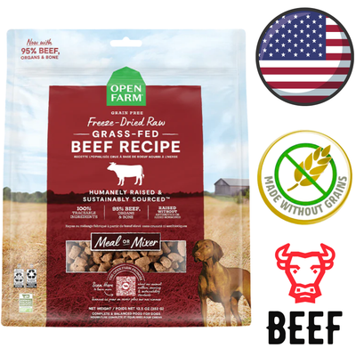 Open Farm freeze dried dog food for picky eaters grass fed beef recipe grain free meal or mixer pouch