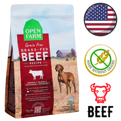 Open farm grain free beef dog food dry kibble in grass-fed recipe bag with farm background
