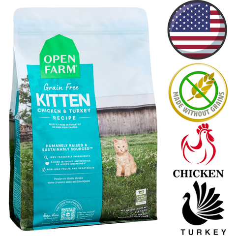 Open Farm grain free chicken turkey kitten dry food bag with natural ingredients and sustainable sourcing