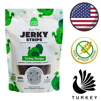 Open Farm grain free jerky turkey strips dog treats in resealable bag with turkey recipe label