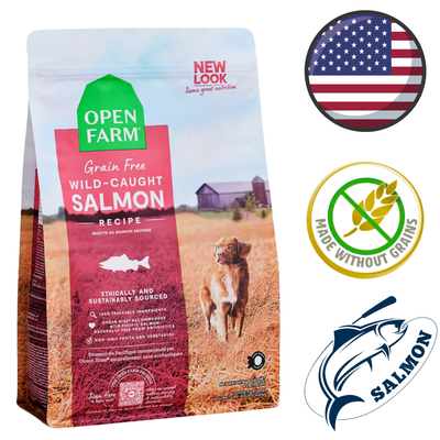 Open Farm grain free salmon dog food bag with wild caught salmon recipe and eco-friendly icons