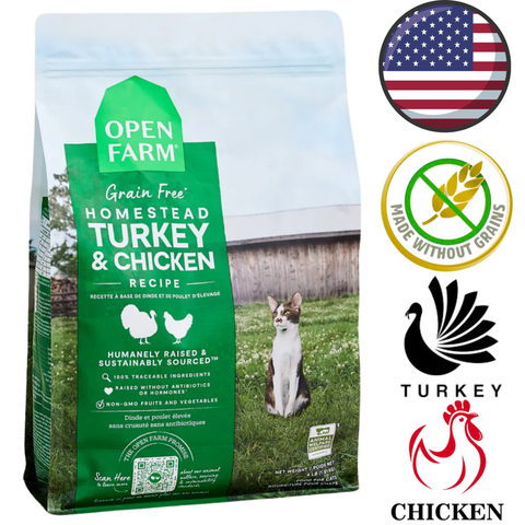 Open Farm grain free turkey chicken cat food dry kibble package with natural ingredients and sustainable sourcing