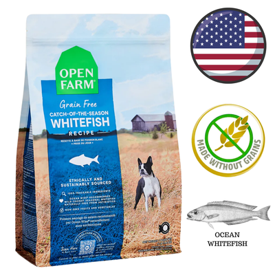Open Farm grain free whitefish dog food bag with catch of the season whitefish recipe and sustainable sourcing