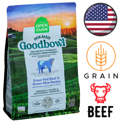 Open Farm grass-fed beef and rice dog food bag with Goodbowl branding and farm imagery