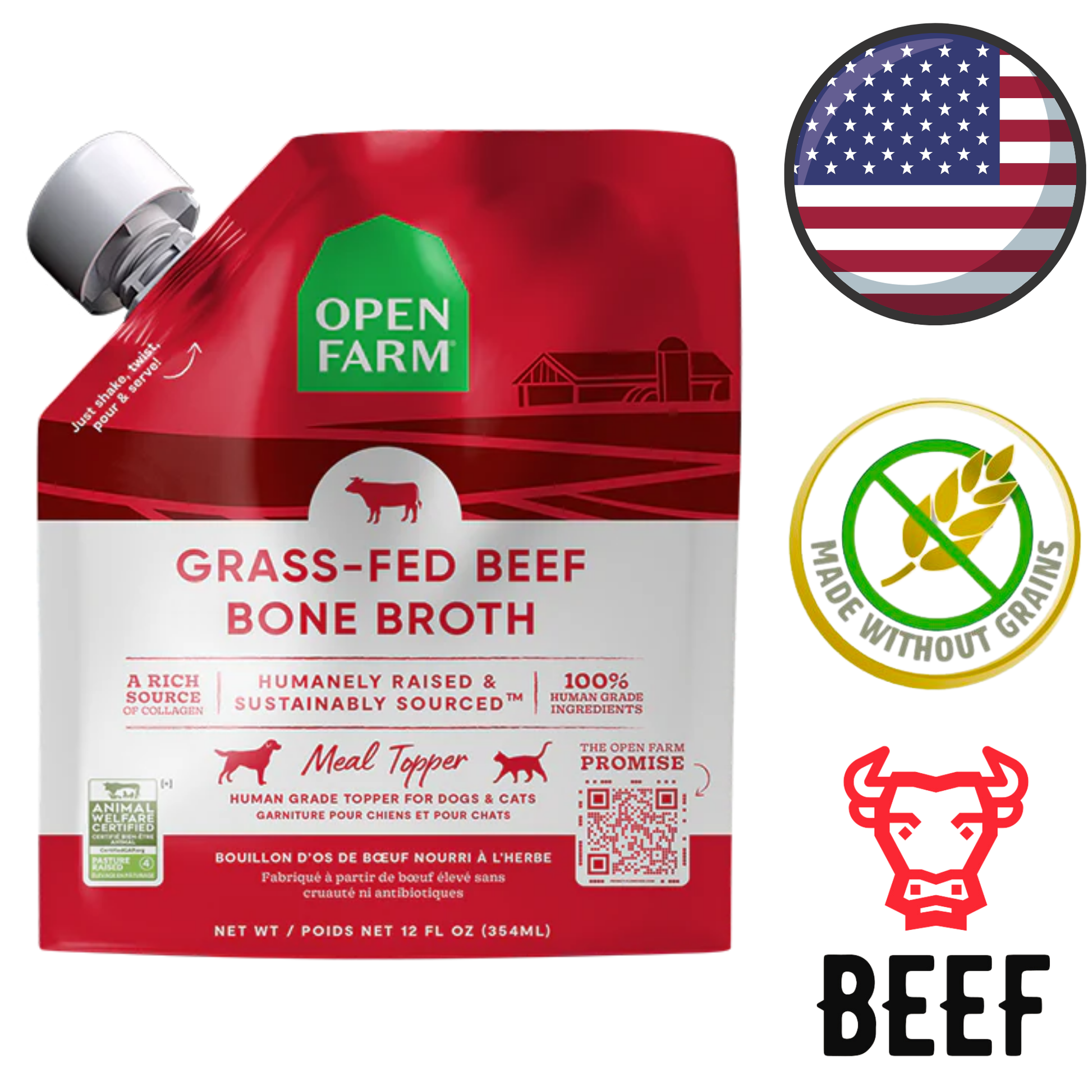Open Farm grass-fed beef bone broth for dogs pouch with USDA certified and grain-free icons