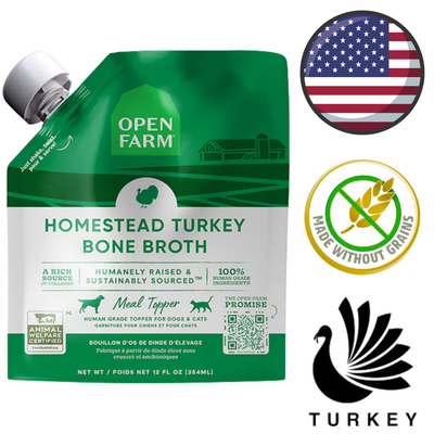 Open Farm homestead turkey bone broth for dogs in green pouch with animal welfare and grain-free labels