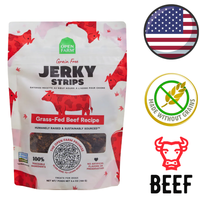 Open farm jerky beef strips for dogs grass fed beef recipe grain free treat pouch