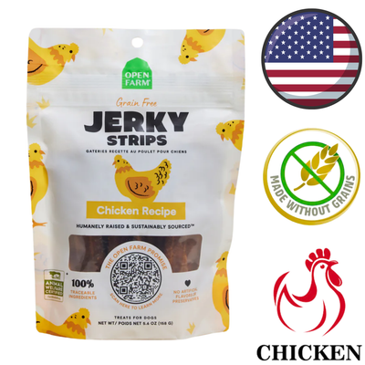 Open Farm jerky chicken strips for dogs grain free chicken recipe in resealable pouch