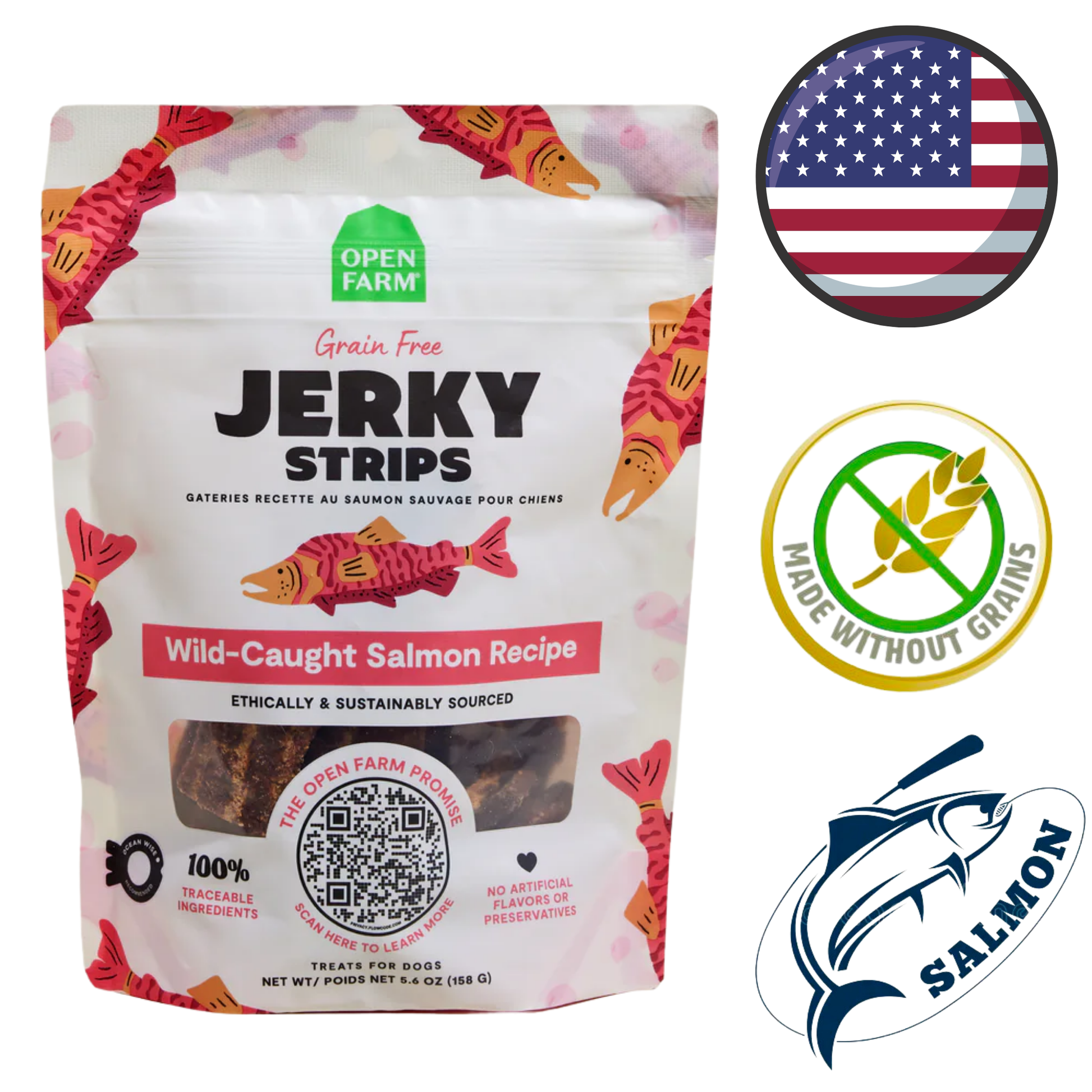 Open Farm jerky strips wild-caught salmon dog treats grain free ethically sourced with no artificial preservatives