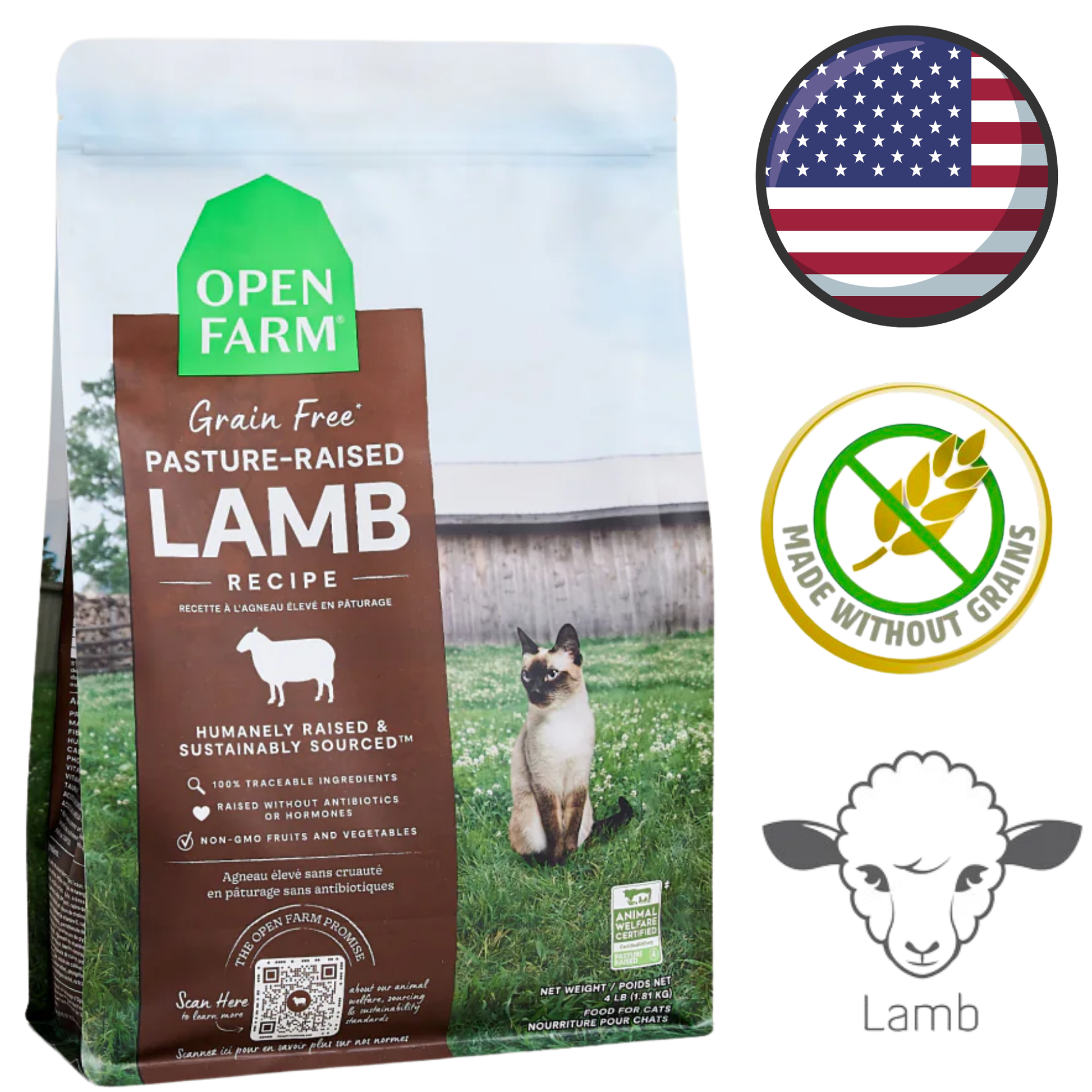 Open Farm pasture raised lamb cat food dry grain free recipe with sustainable ingredients