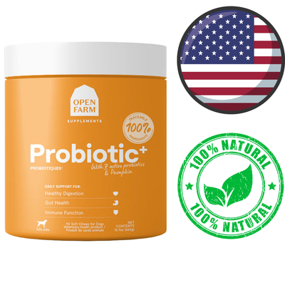 Open Farm probiotic chew supplements for dogs in orange container with 100 natural and US made icons