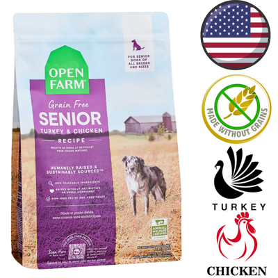 Open Farm turkey chicken senior dog food grain free dry kibble for senior dogs with natural ingredients