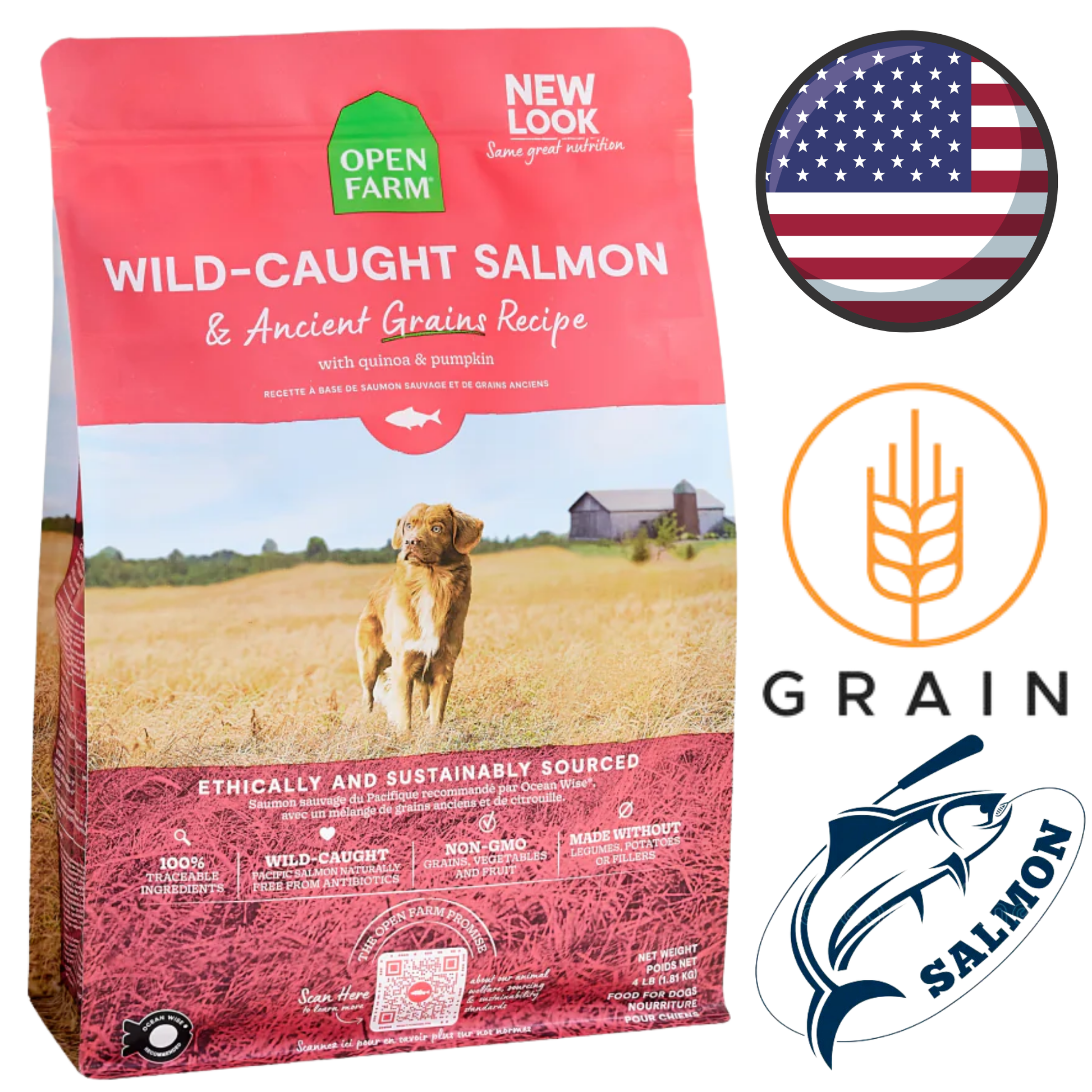Open Farm wild caught salmon dog food with ancient grains recipe in red and blue packaging