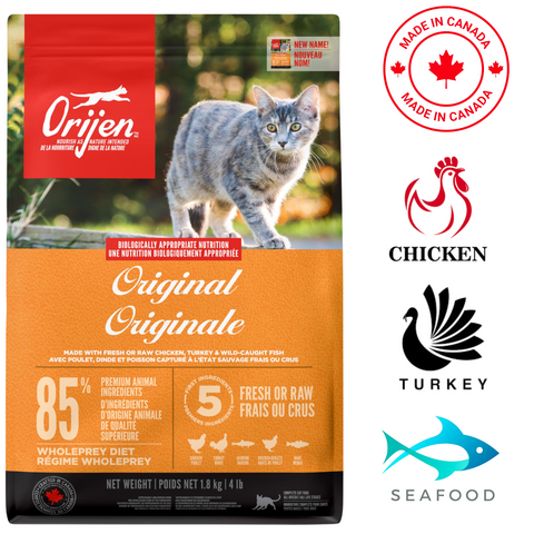 Orijen cat food original featuring a balanced recipe with fresh chicken, turkey, and seafood for optimal feline nutrition