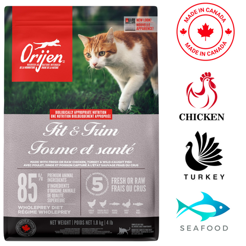 Orijen Fit & Trim cat food with chicken, turkey, and seafood for healthy weight management