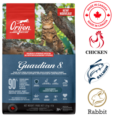 Orijen Guardian 8 cat food 4 lb bag featuring chicken, rabbit, and salmon ingredients