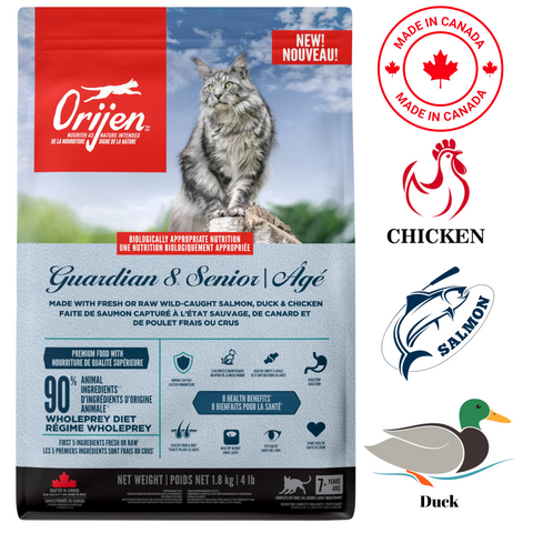 Orijen Guardian 8 cat food with chicken, salmon, and duck, formulated for senior cats
