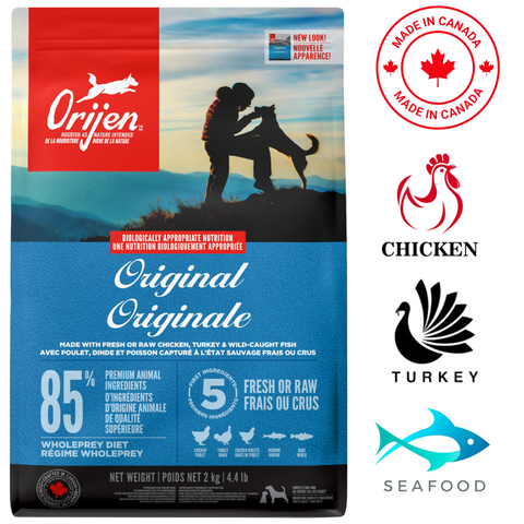 Orijen original dog food featuring 85% premium animal ingredients with chicken and turkey for healthy nutrition