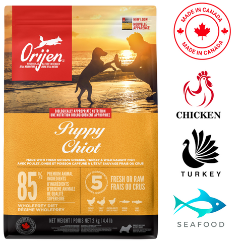 Orijen puppy dog food with 85 percent premium animal ingredients for balanced nutrition